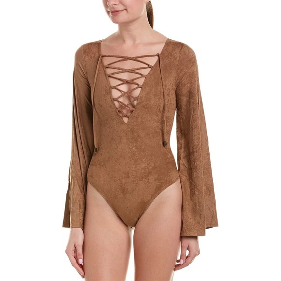 Show Me Your MuMu Tops - ✨HP✨ Show Me Your Mumu Lace Up Faux Suede Bodysuit XS